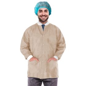 Disposable Lab Jacket, 30 Inches Long. Pack of 100 Tan Disposable Hip-Length Workwear Medium. SMS 50 gsm Disposable Shirts with Snaps Front
